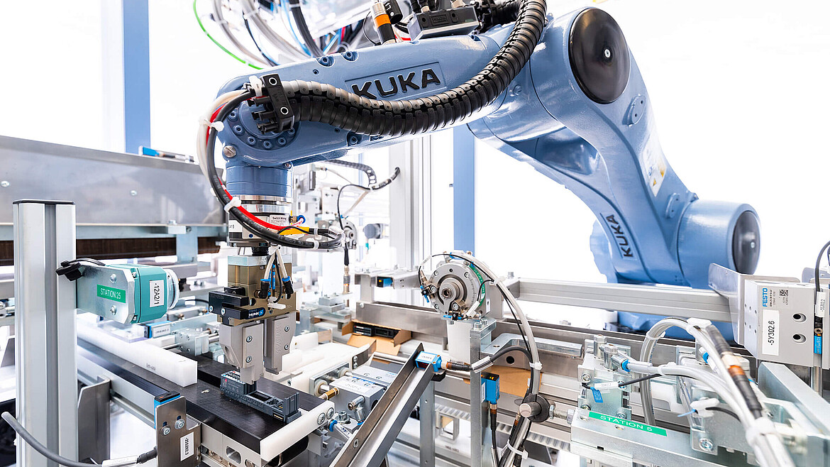 Wgląd do automatu pakującego z ramieniem robota