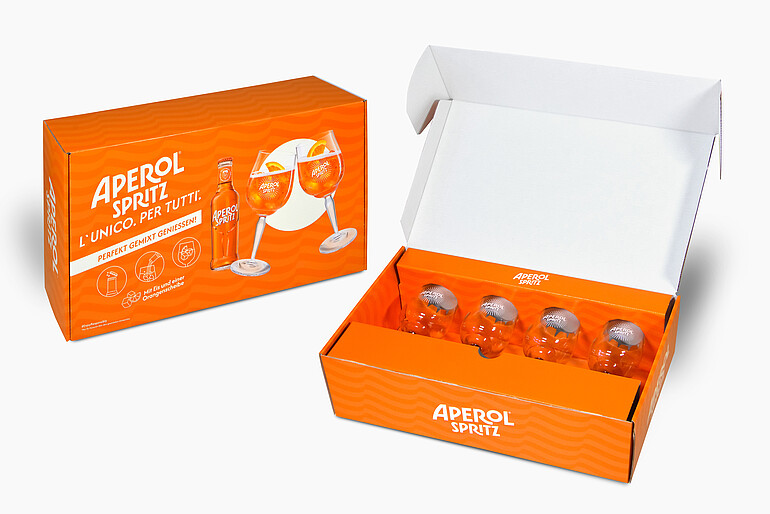 Wnętrze opakowania (Aperol Spritz): Idealnie dopasowane wkłady kartonowe stabilizują szklanki i skutecznie chronią je przed stłuczeniem w transporcie. (c) Karl Knauer KG