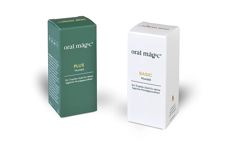 Dwa warianty składanych opakowań dla olejów do pielęgnacji jamy ustnej odzwierciedlają spójną koncepcję projektową, opartą na subtelnej i wyważonej kolorystyce. Projekt opakowania: (c) Digitallotsen GmbH, produkcja i fotografia. (c) Karl Knauer KG