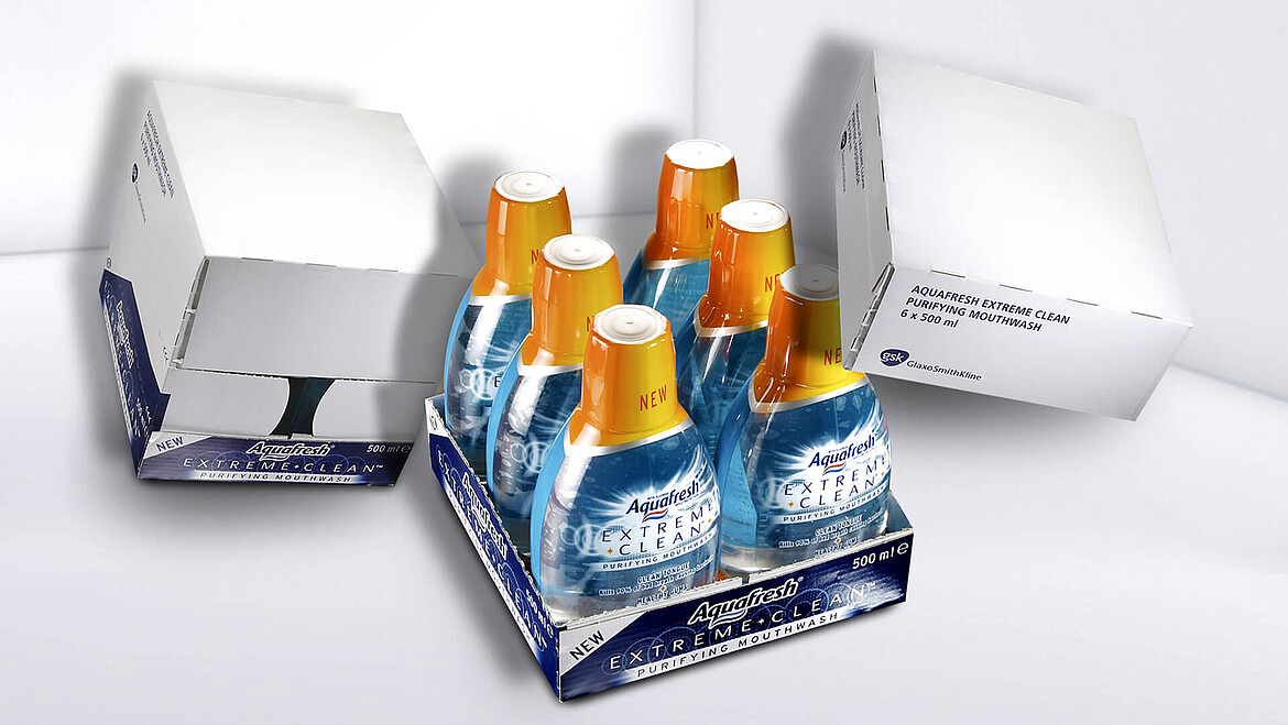 Kompaktowa tacka na Aquafresh ułatwiająca otwieranie po bezpiecznym transporcie